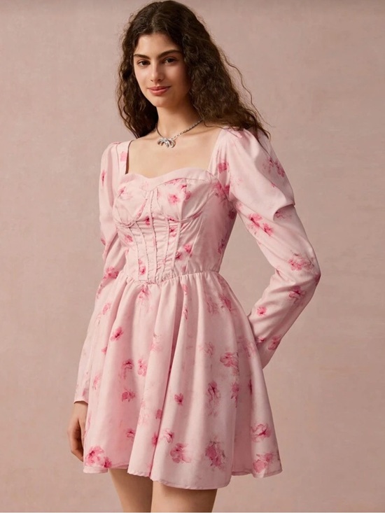 Dresses & Skirts - Pink Floral Sweetheart Corset Midi Dress